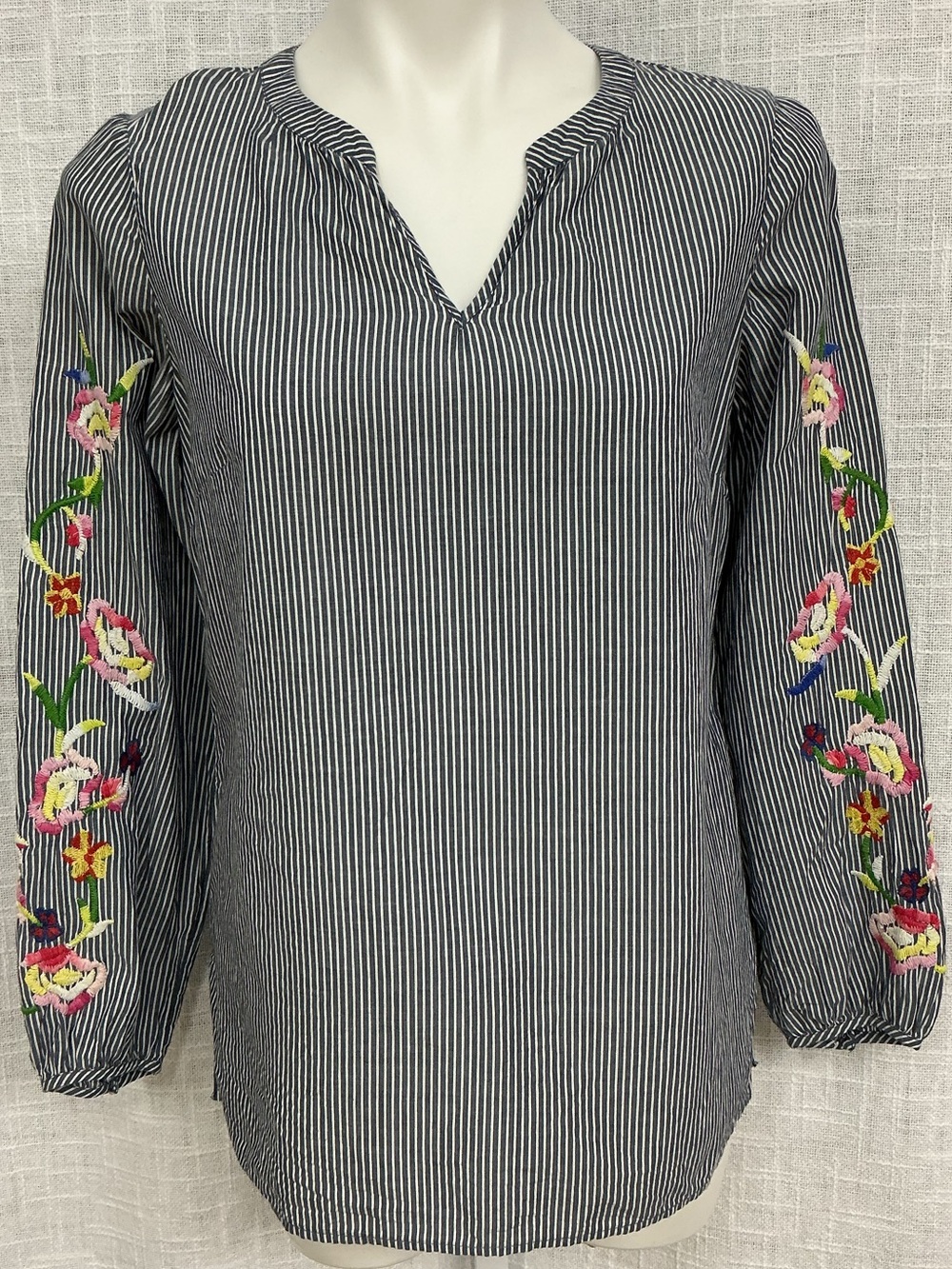 Talbots Black and White Striped V-Neck Tunic with Floral Sleeve Embroidery